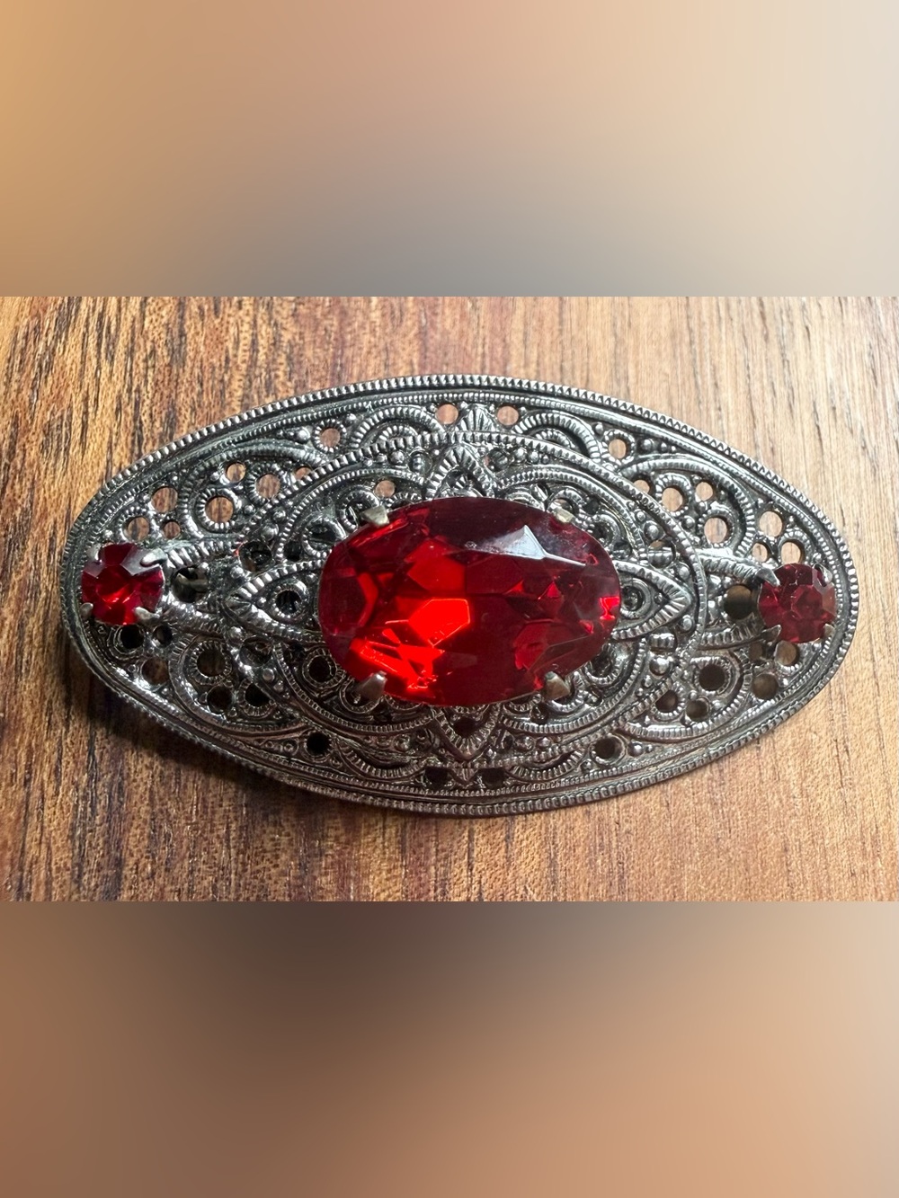 Vintage Silver Tone Filigree Brooch Large Red Glass Stone Rhinestone Cake Tier
